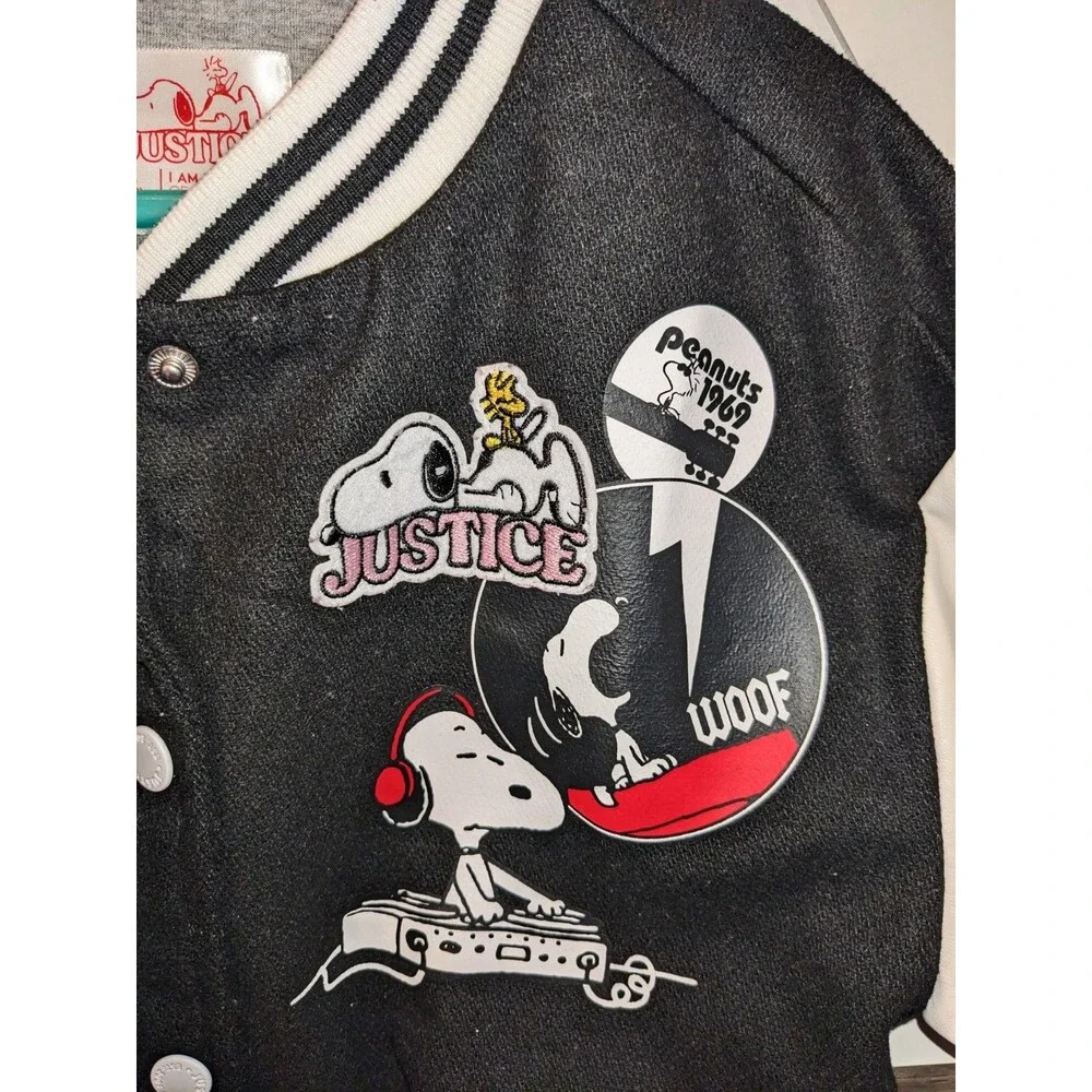 Justice Peanuts And Snoopy Varsity Jacket Girls Size 7/8 Snap Front Rare